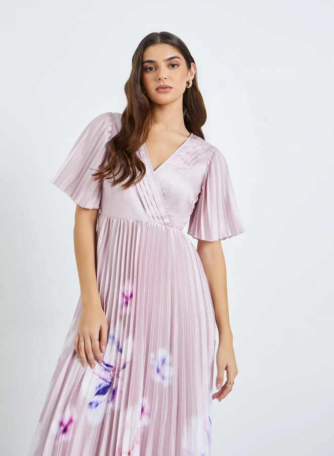 Styli Women Pink Floral Pleated Wrap Midi Dress